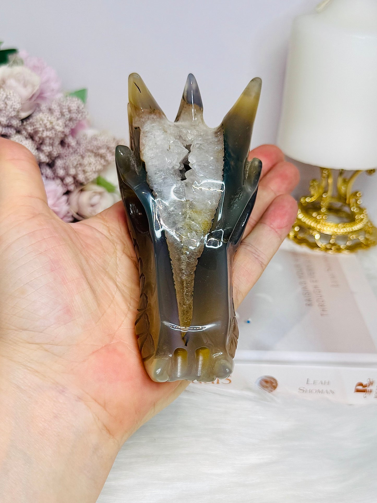 Large Druzy Agate Carved Dragon Head 12cm