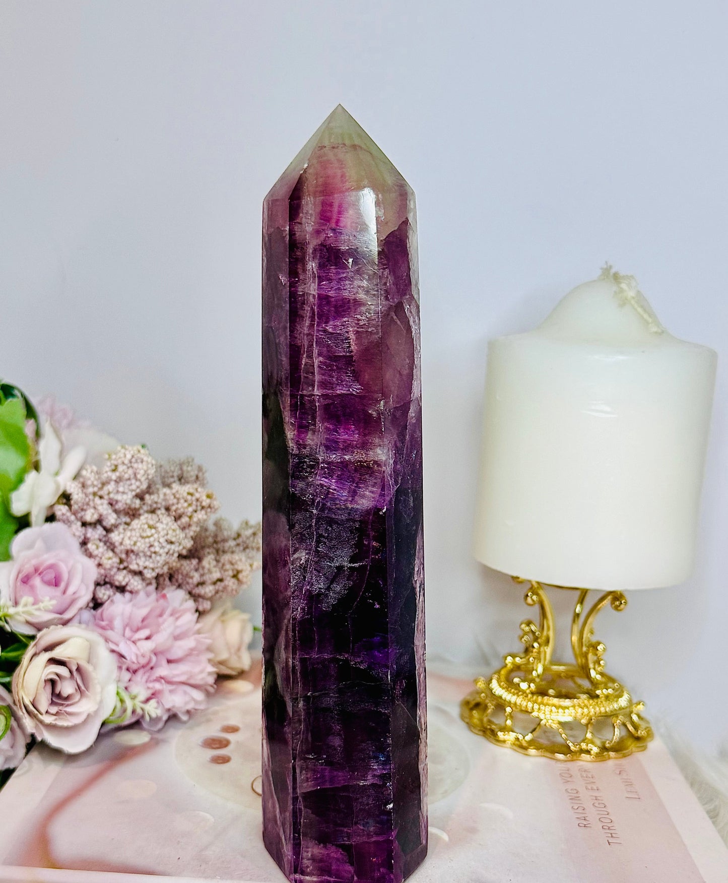 Large 20cm Stunning Purple Fluorite Tower with Rainbows (the tower has a slight tilt)