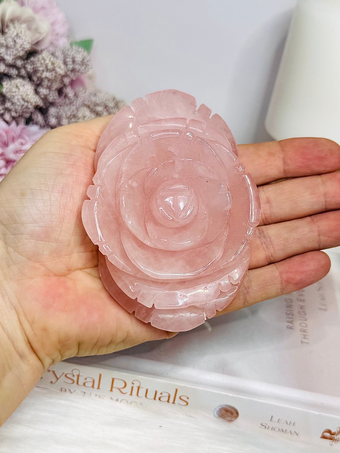 Large Rose Quartz Carved Rose 10cm