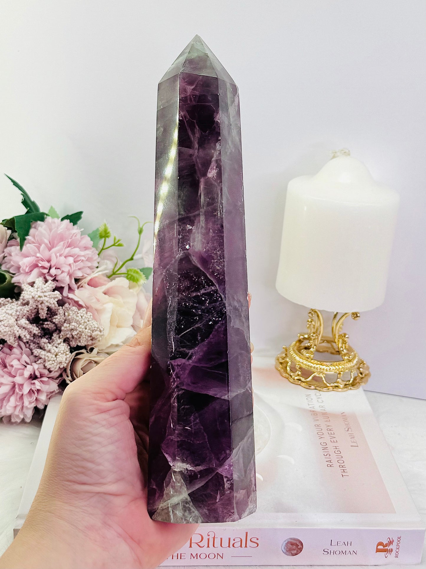 Fabulous Tall 23.5cm 968gram Purple Fluorite Tower with Rainbows