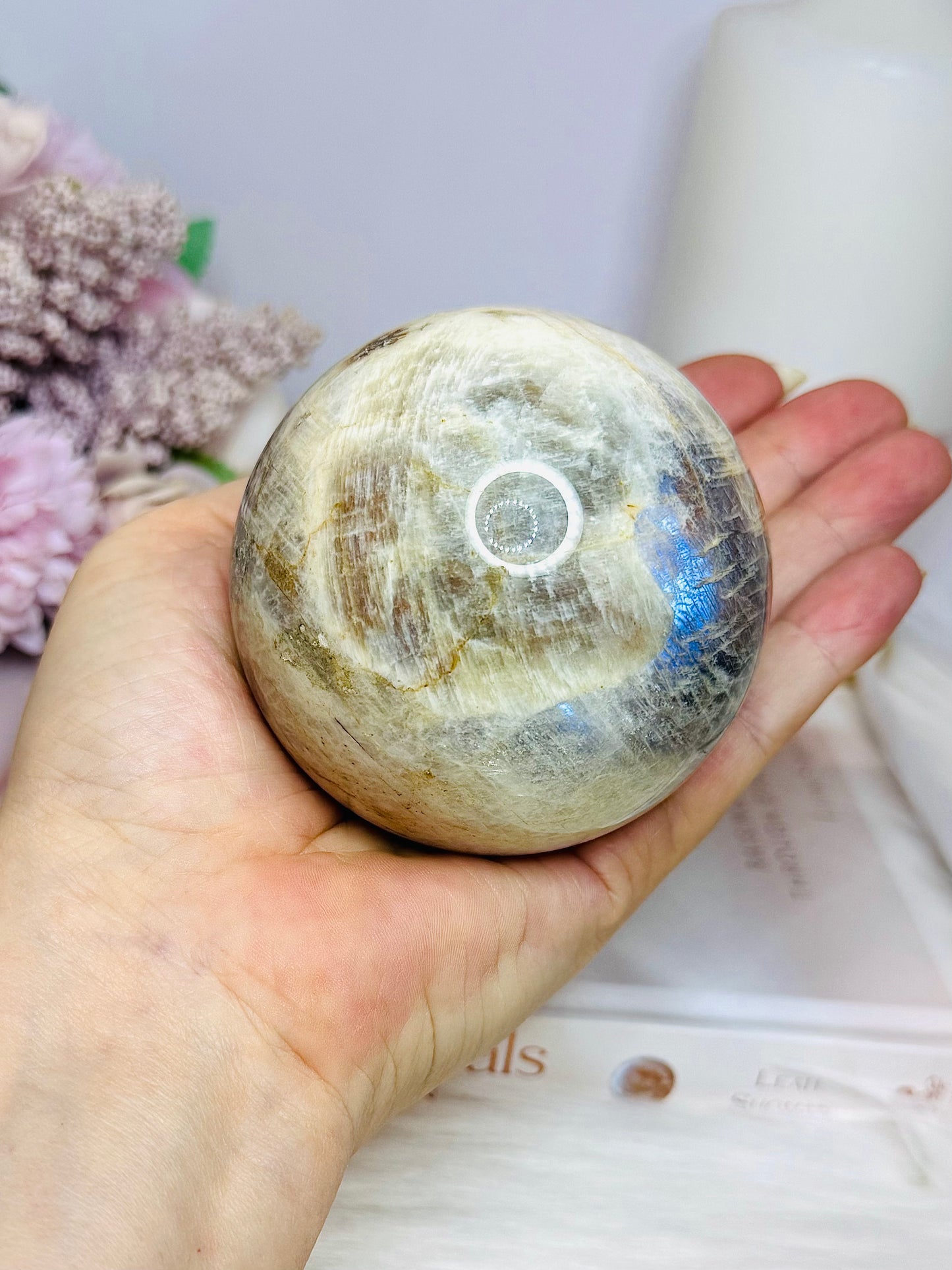 Large Moonstone Sphere with Blue Flash on Stand 520g