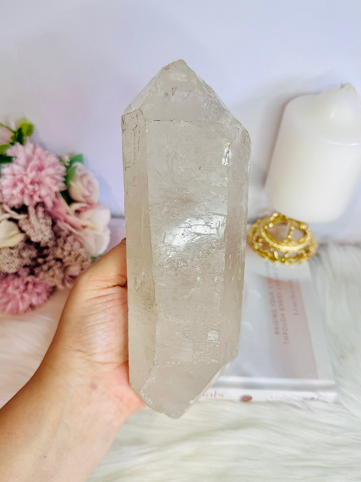 Huge Stunning 1.39KG Natural Lemurian Quartz Chunky Double Terminated Point | Tower On Stand From Brazil