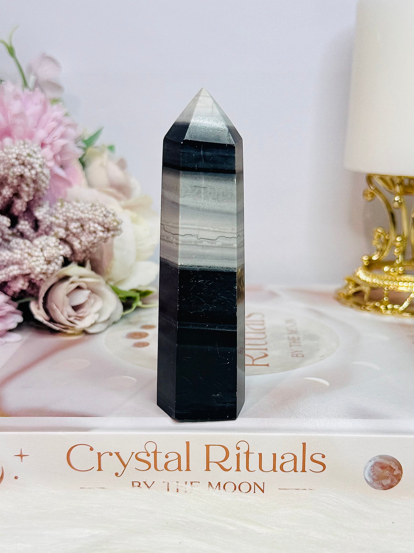 Beautiful Black Jasper & White Quartz Tower 10cm