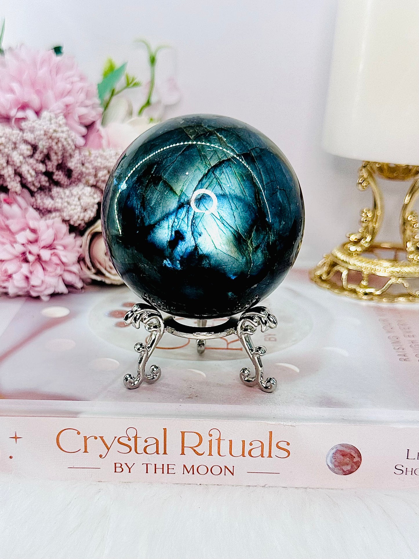 Gorgeous Large 439gram Labradorite Sphere On Stand with Stunning Blue Flash