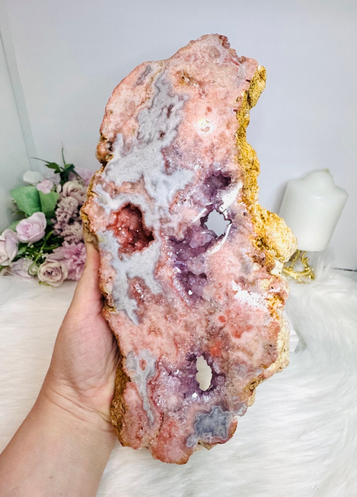 High Grade Pink Amethyst Druzy Slab on Stand 1.2KG 27.5cm