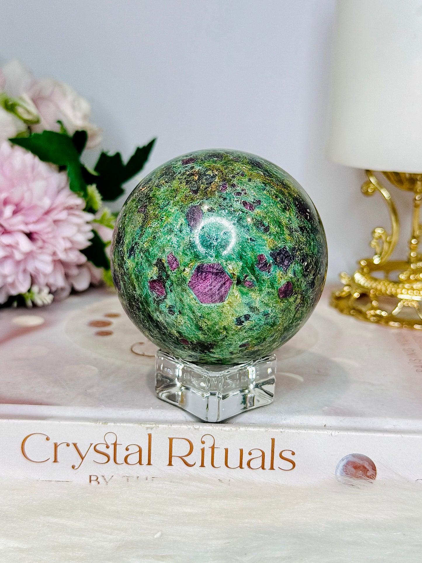 Large Ruby In Fuchsite Sphere UV Reactive On Stand 399g