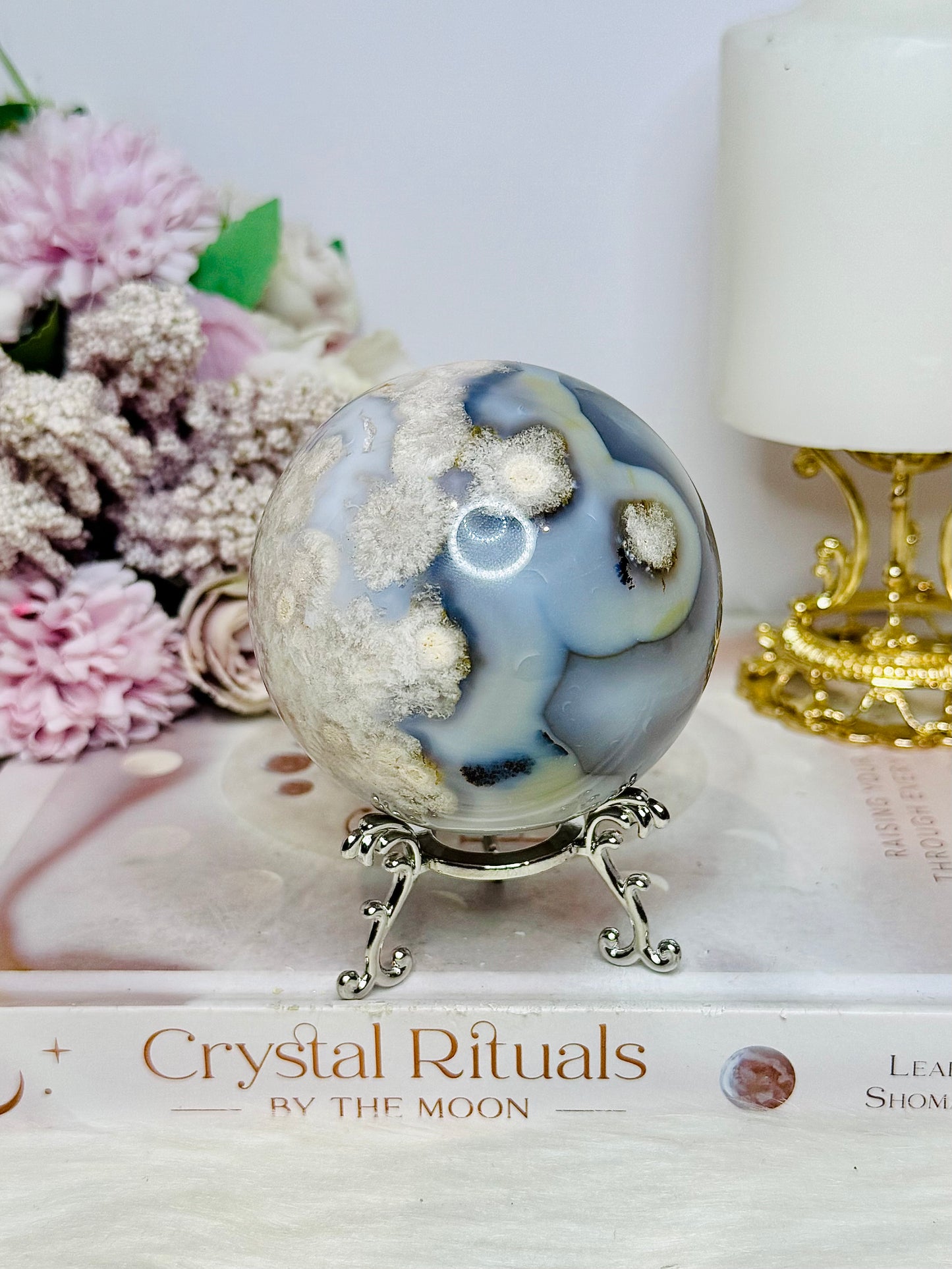 Blue Flower Agate Large Sphere 489g On Stand
