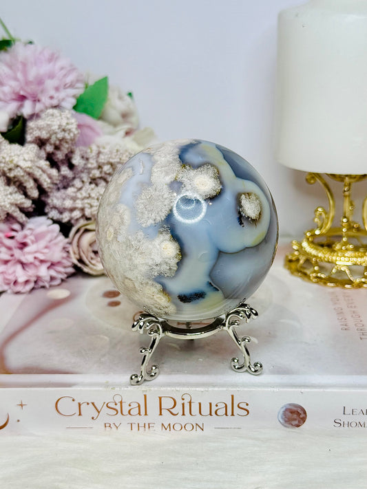 Blue Flower Agate Large Sphere 489g On Stand