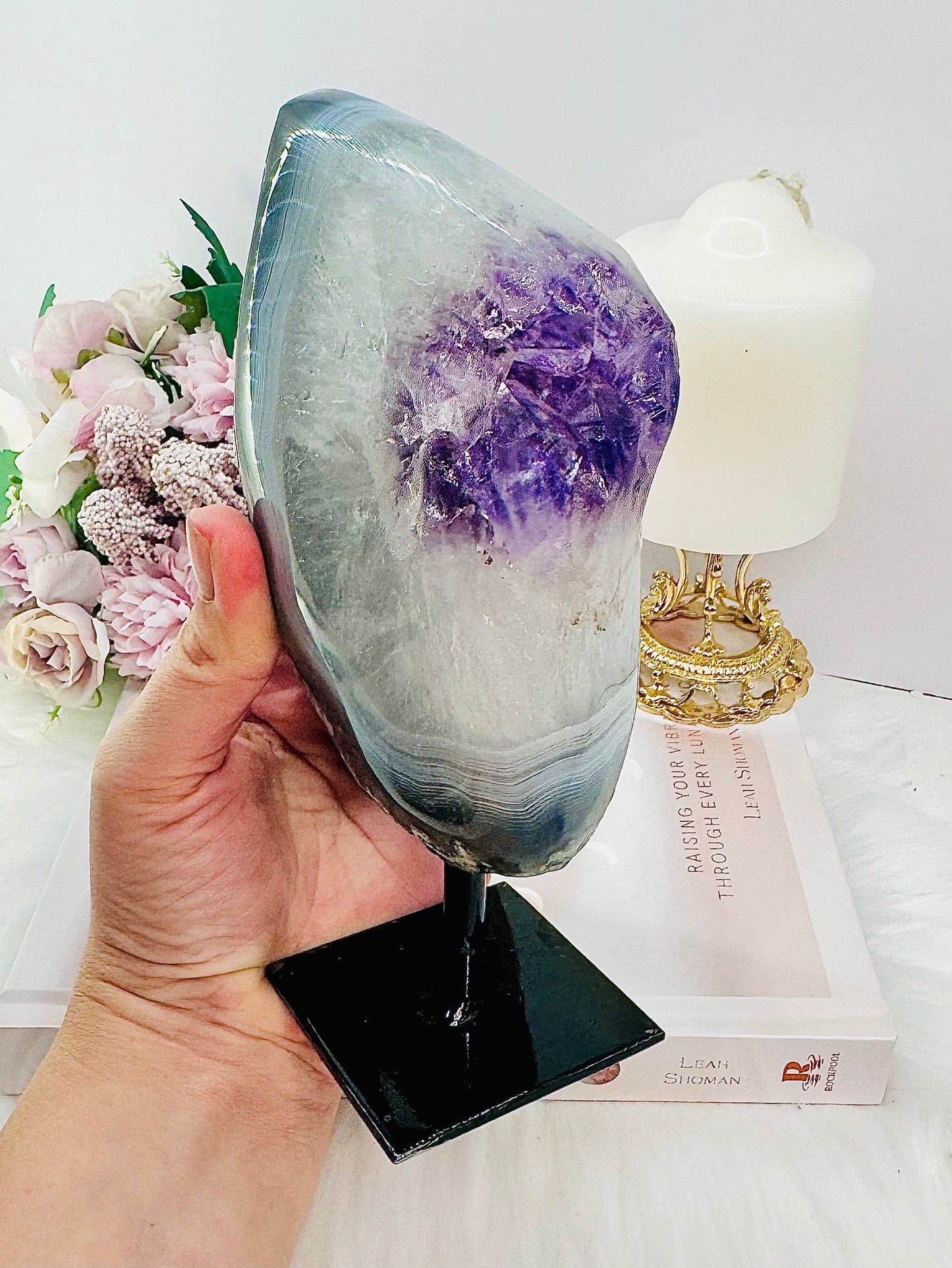 Large 977gram Amethyst Agate Polished Freeform On Stand From Uruguay
