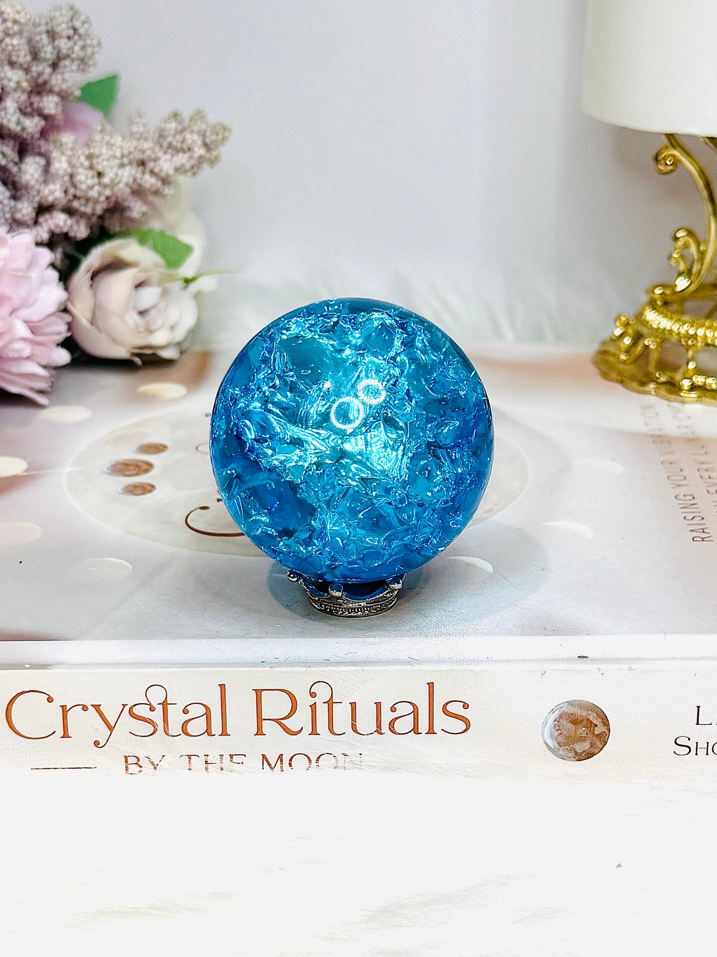 Blue Fire & Ice Crackle Quartz Sphere (dyed) On Stand 145g