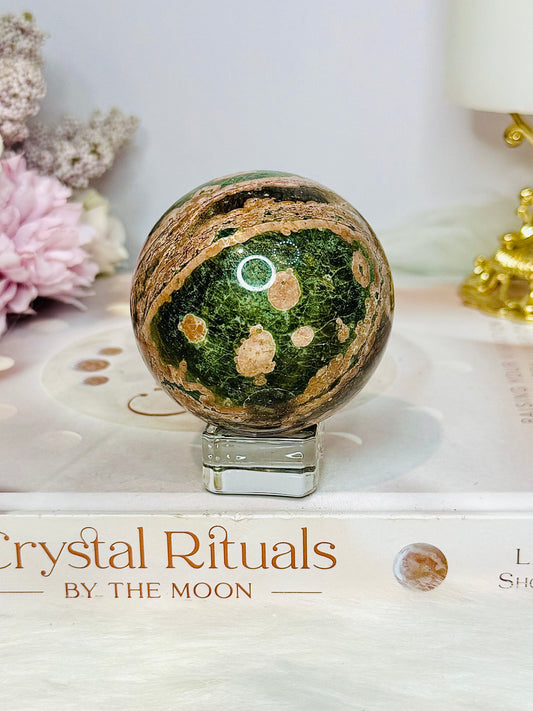 High Grade Green Sakura Flower Agate Sphere on Stand 231g