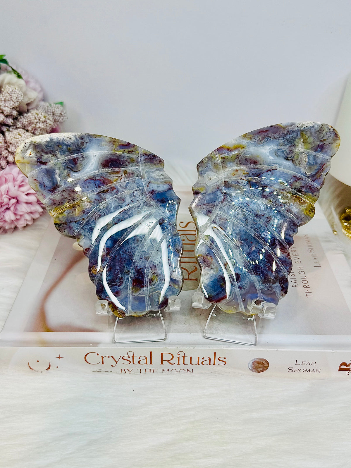 Colourful Agate Carved Butterfly Wings 12.5cm On Stand