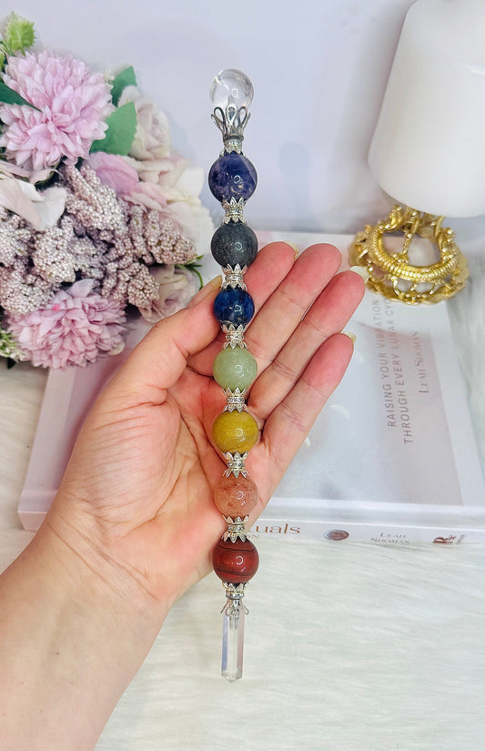 Magical 7 Chakra Crystal Wand with Clear Quartz Point 24cm