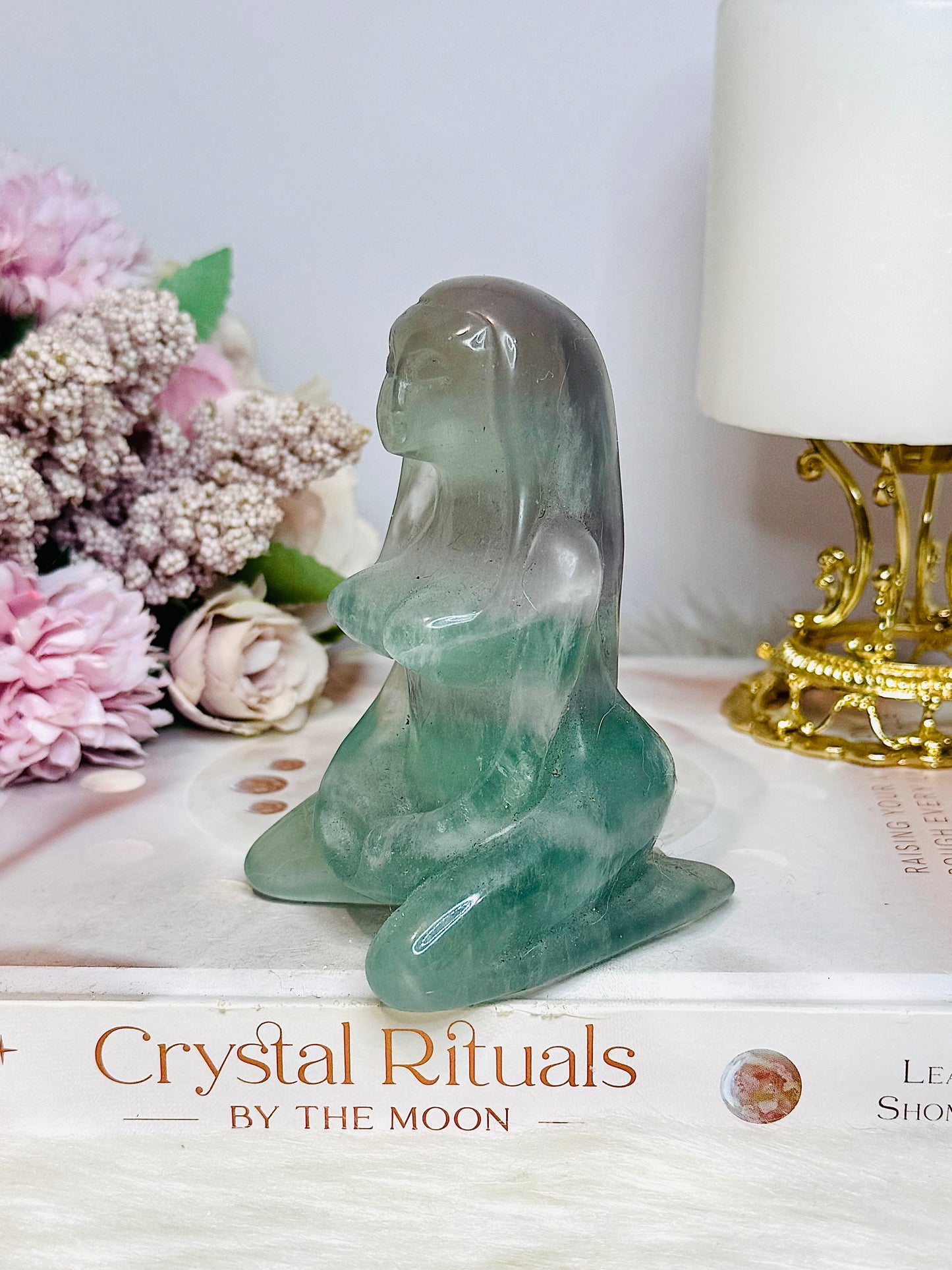 Large Mother Earth Fluorite Carving (chip on back foot) 10cm 396g