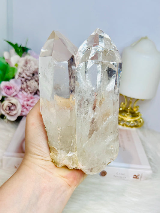 High Grade Clear Quartz Twin | Double Tower with Rainbows on Stand 18cm (on stand) 900g