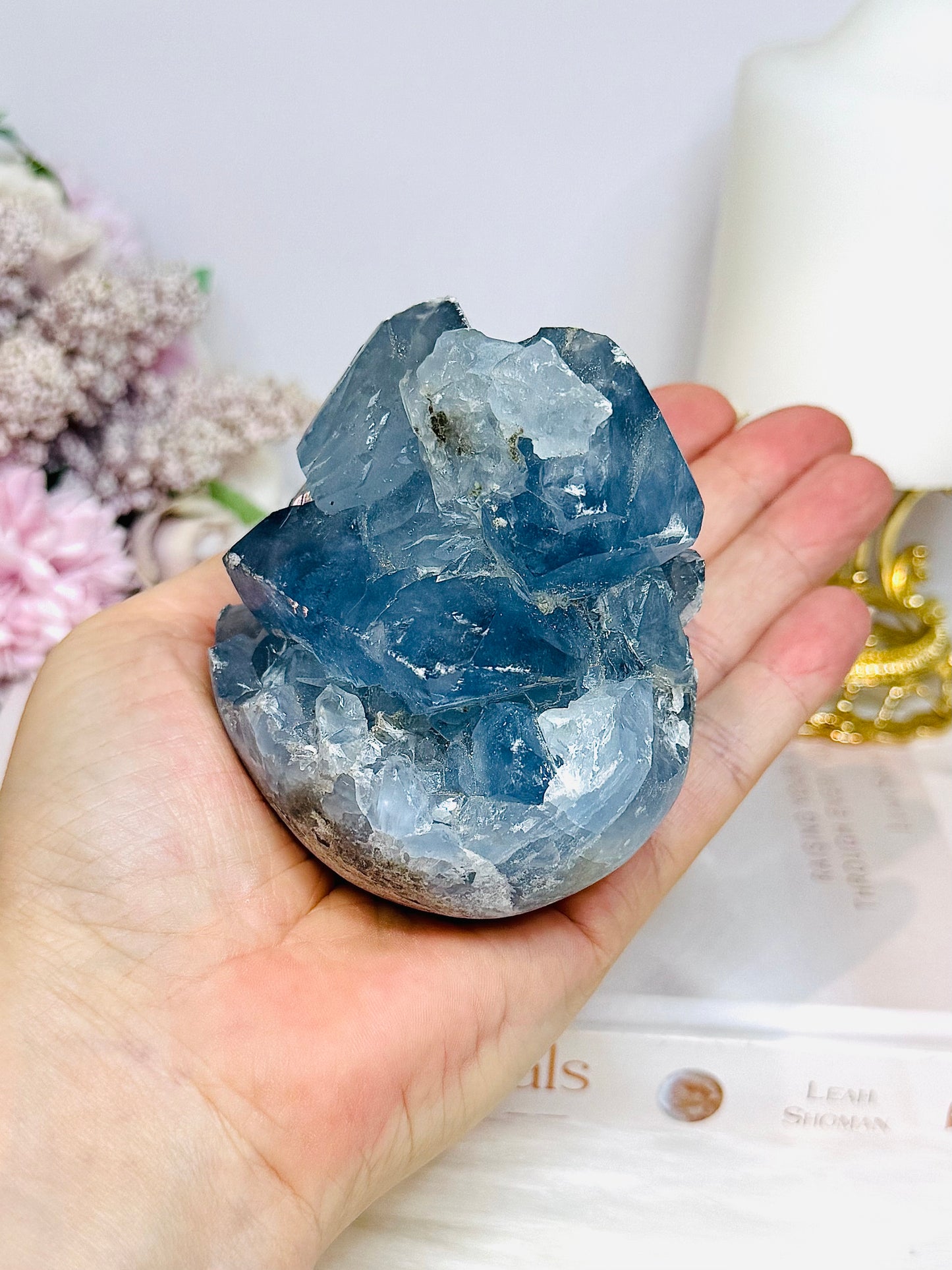 Large Blue Celestite Cluster on Stand 668g