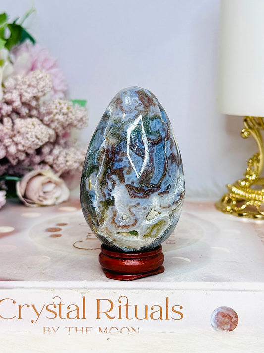 Druzy Moss Agate Carved Egg On Stand 206g