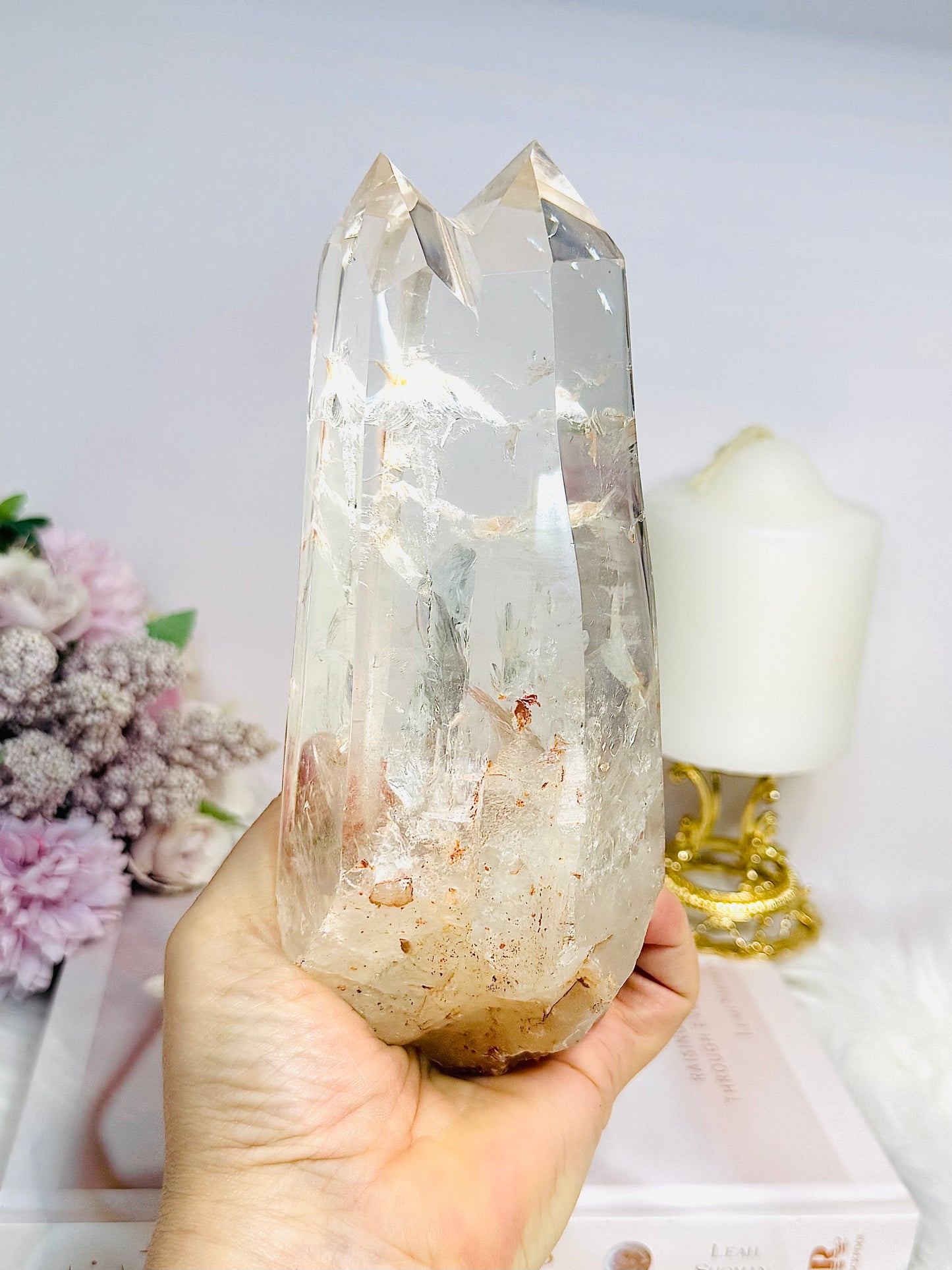 High Grade Clear Quartz Twin | Double Tower with Rainbows on Stand 18.5cm 961g
