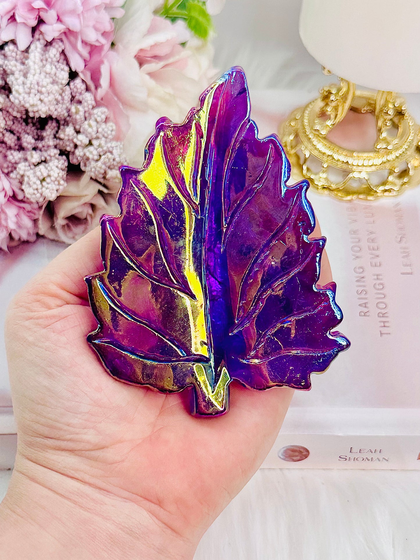 Stunning Aura Purple Quartz Leaf Carving 11cm