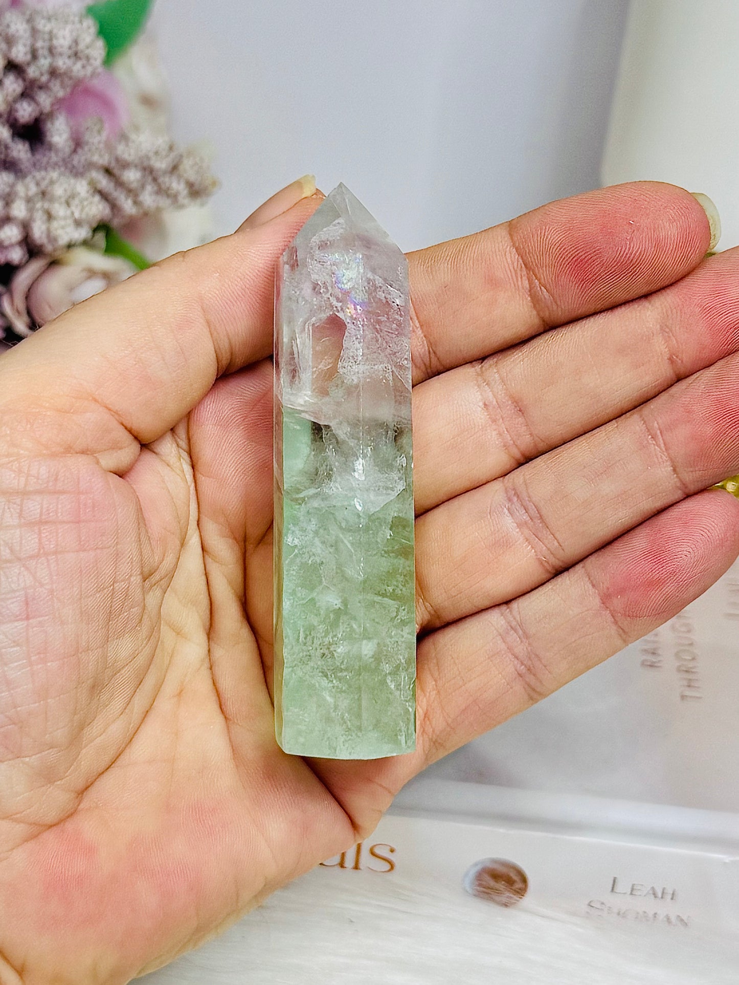 High Grade Watermelon Fluorite Tower with Rainbows 8cm