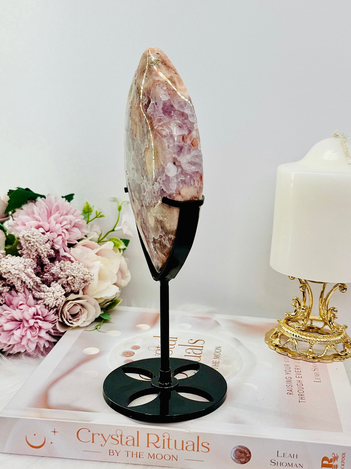 Rare High Grade Pink Amethyst X Flower Agate Freeform on Stand 21cm