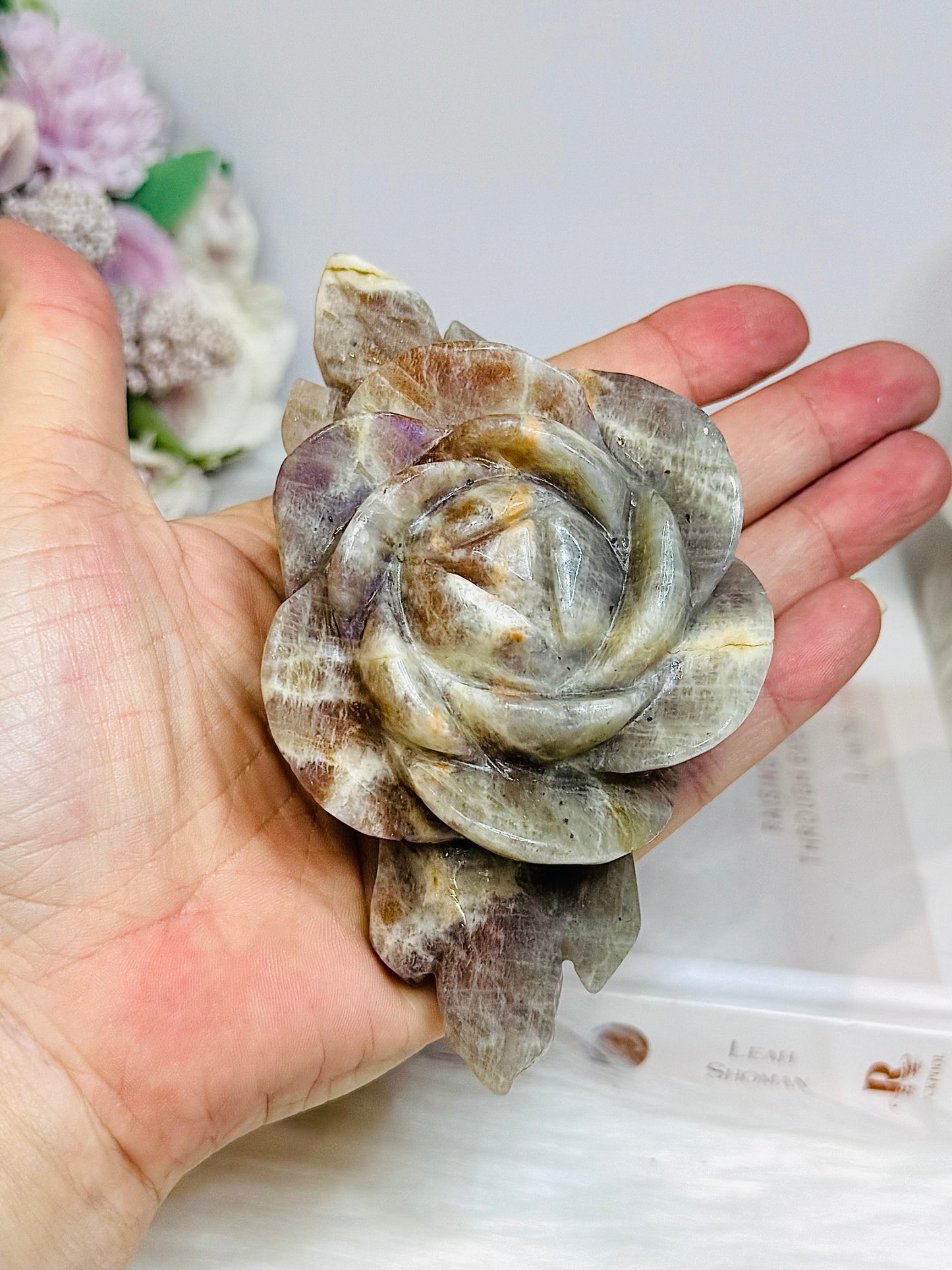 Large High Grade Moonstone Rose With Flash on Gold Stand 18cm
