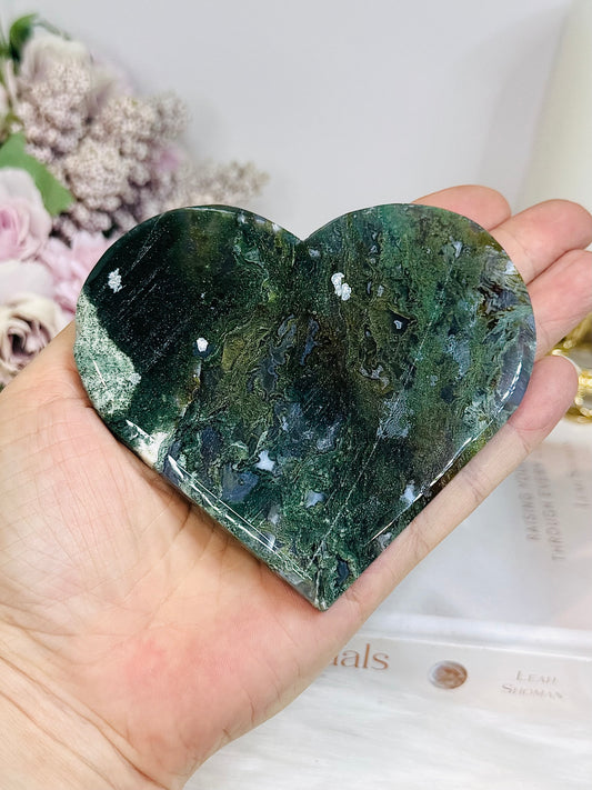 Large Moss Agate Heart on Stand 10cm