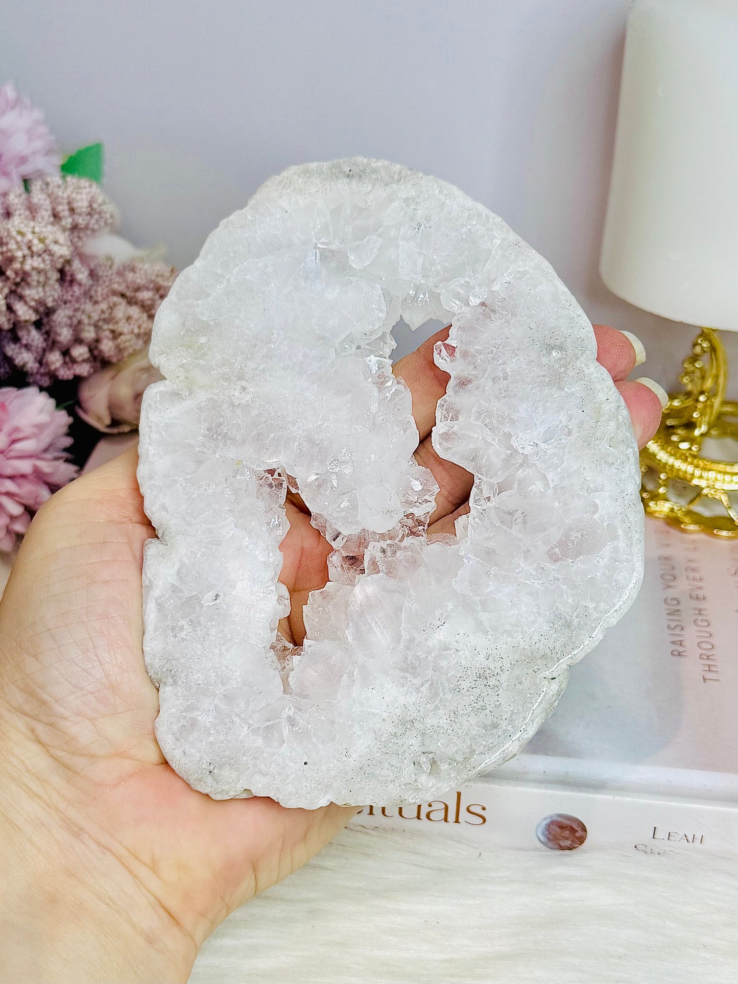 Clear Quartz Natural Druzy Slab 15cm on Glittery Rose Gold Stand
