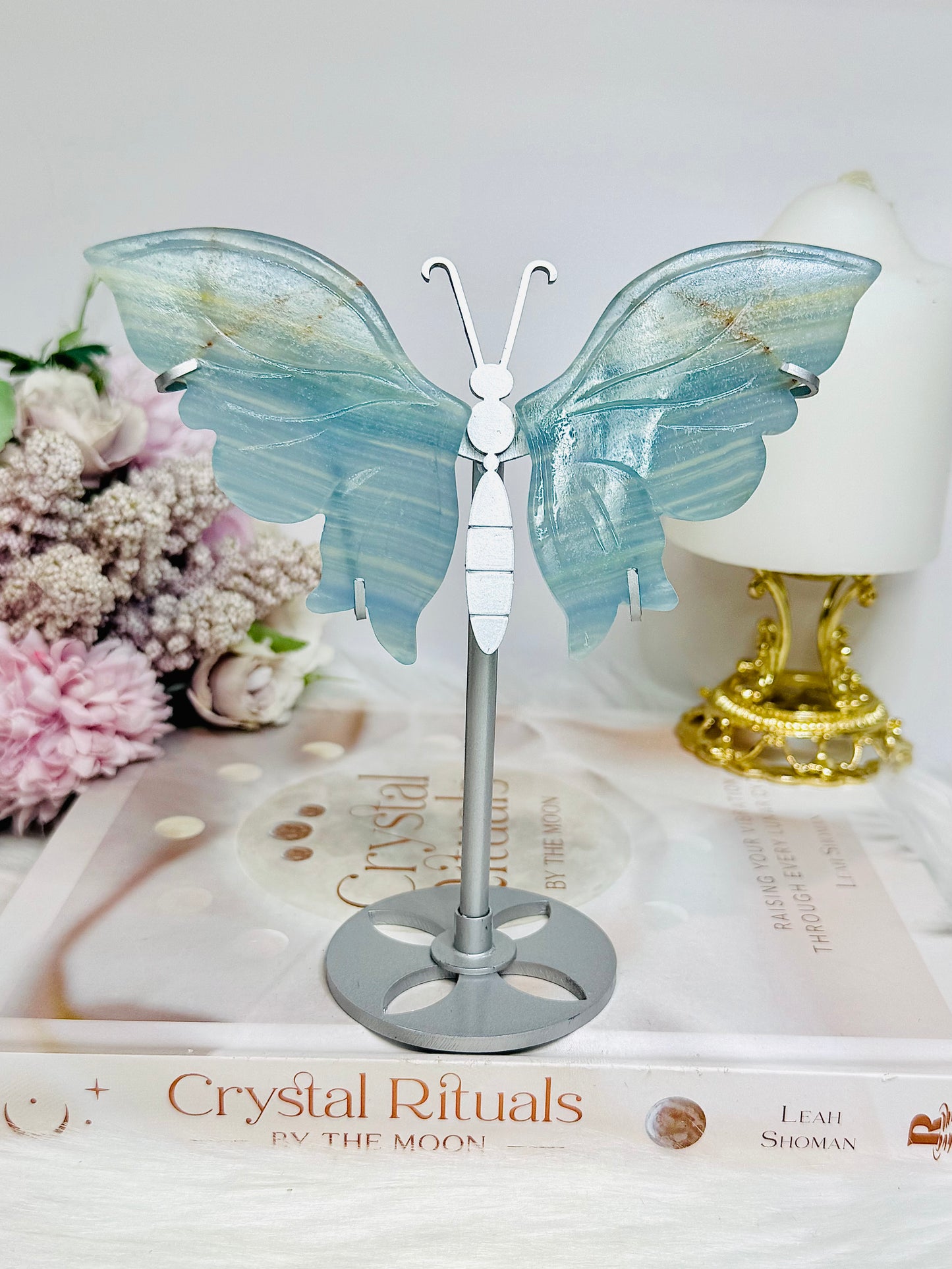 Blue Onyx Butterfly Wings On Silver Stand 14.5cm