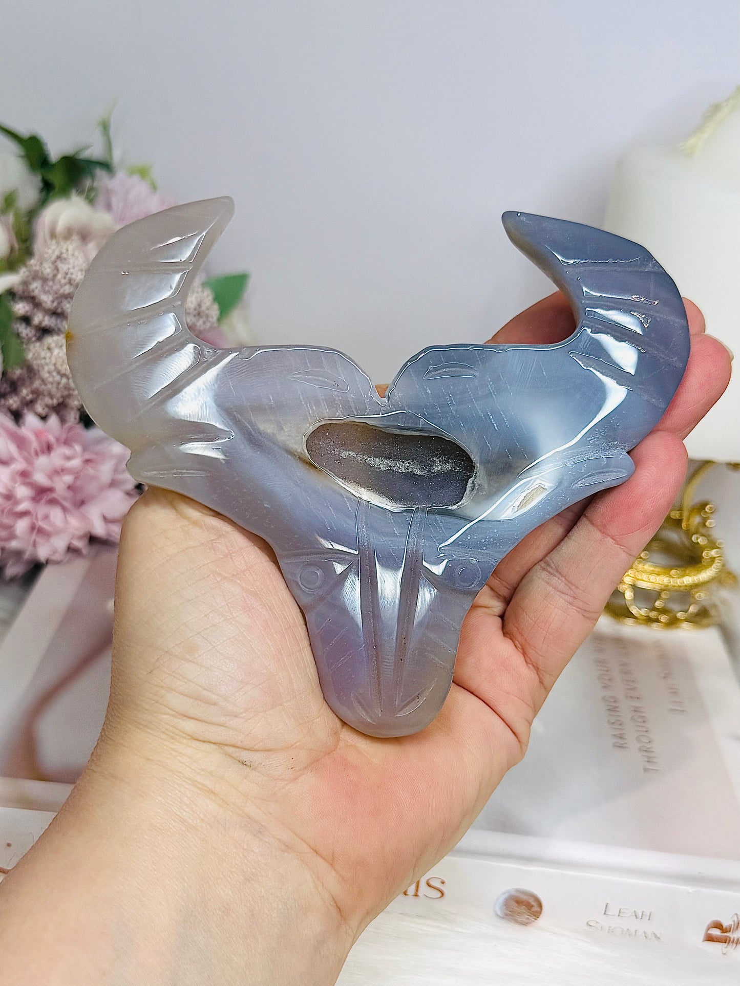 Druzy Agate Carved Bull Head On Stand 12cm