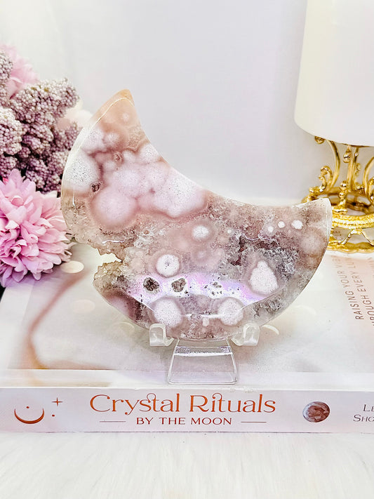 Incredible High Grade Druzy Pink Amethyst Carved Moon 11cm On Stand