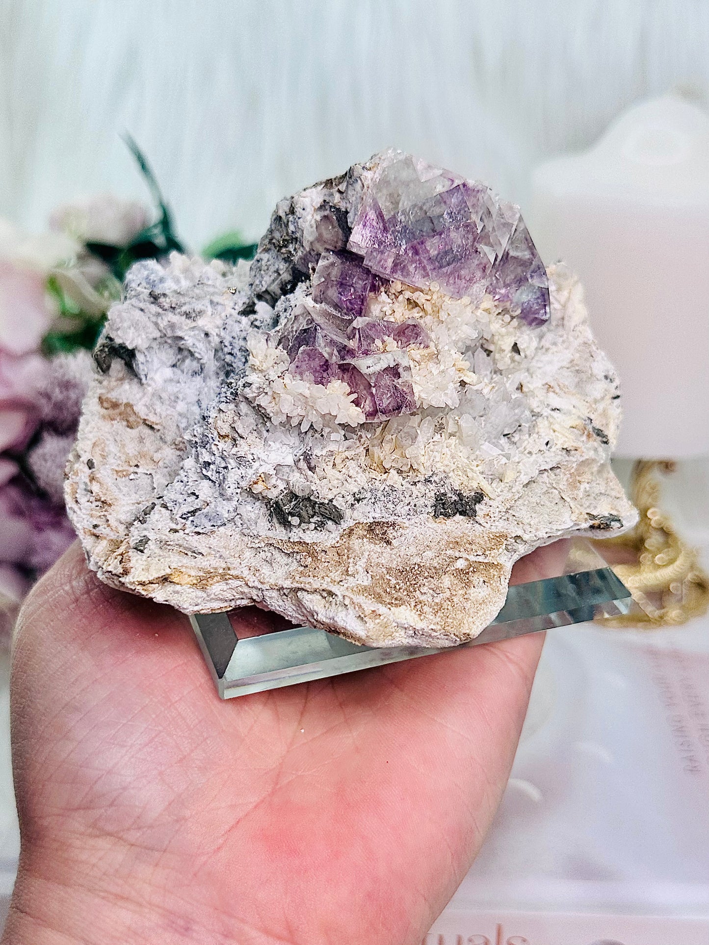 ✨ A Collectors Piece ✨ Classy & Fabulous Natural Cubed Fluorite On Matrix Specimen From Mexico 703grams ~ Specimen is on Glass Stand