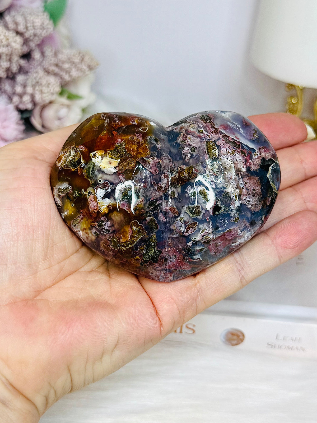 Large High Grade Ocean Jasper Peach Heart on Stand 12cm