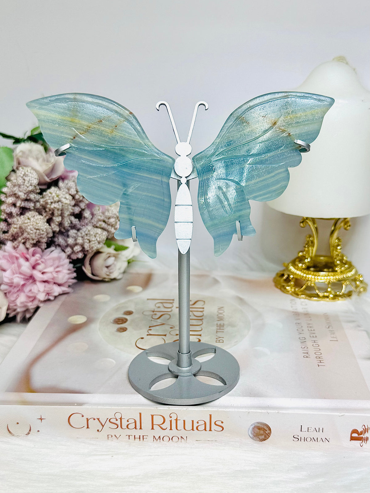 Blue Onyx Butterfly Wings On Silver Stand 14.5cm