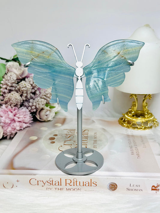 Blue Onyx Butterfly Wings On Silver Stand 14.5cm