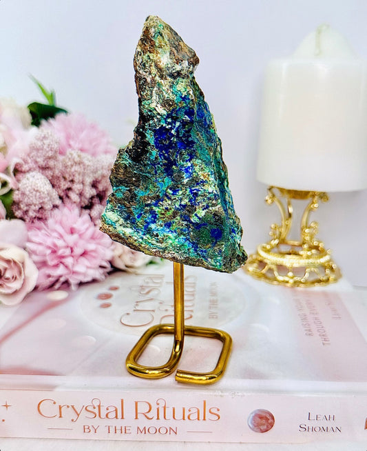 ⚜️ SALE ⚜️ Absolutely Beautiful 15cm Natural Azurite Malachite Specimen on Gold Stand