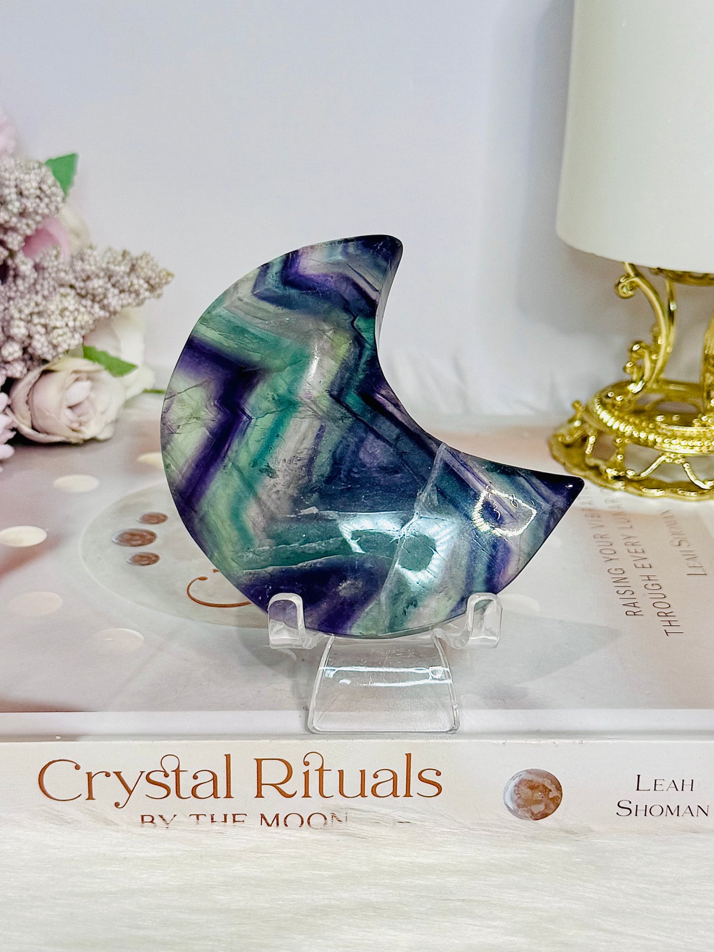 High Grade Rainbow Fluorite Moon On Stand 8cm