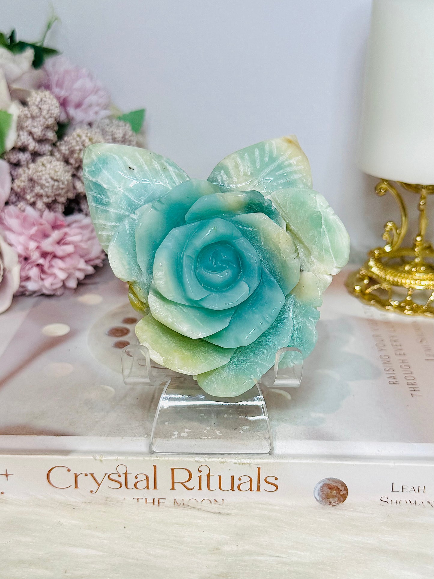 Blue Caribbean Calcite Carved Flower on Stand 266g