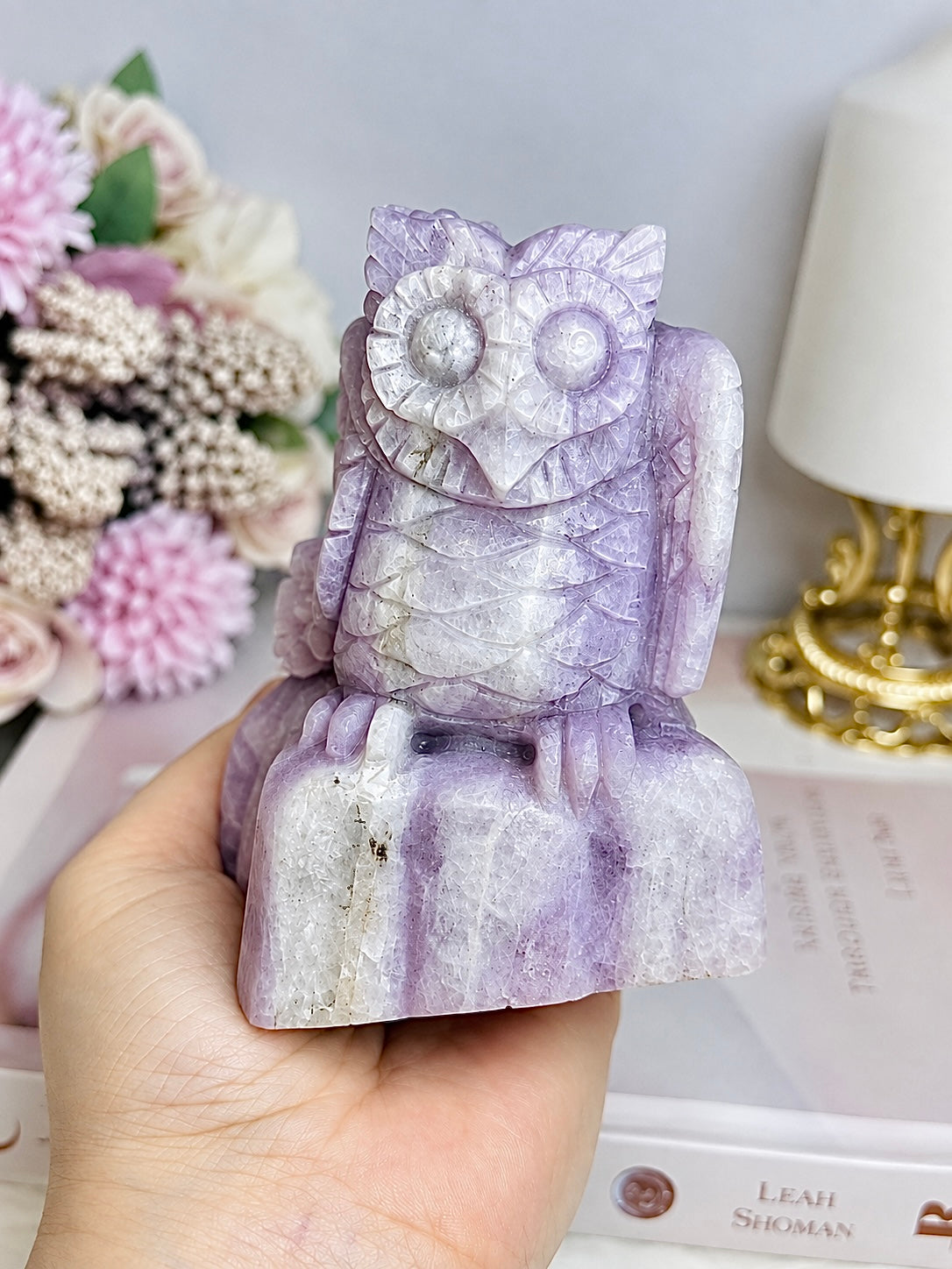 Large Kunzite Carved Owl 698g 11cm