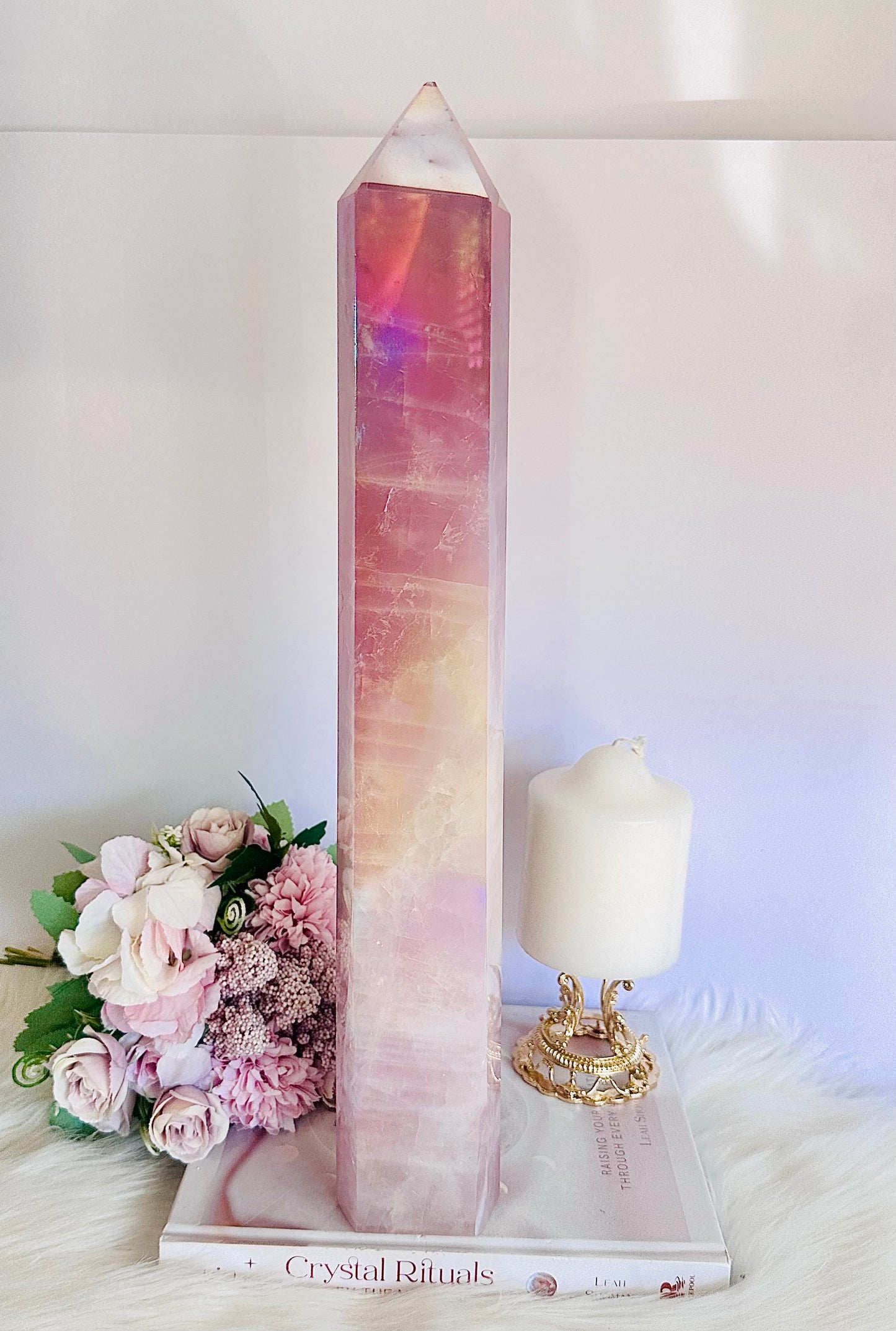 The ULTIMATE Huge Rose Quartz Angel Aura Stunning Chunky Tower 2.42KG 42cm Tall ~ Absolutely Spectacular Piece. Note - This tower is reduced as there is a chip on the tip