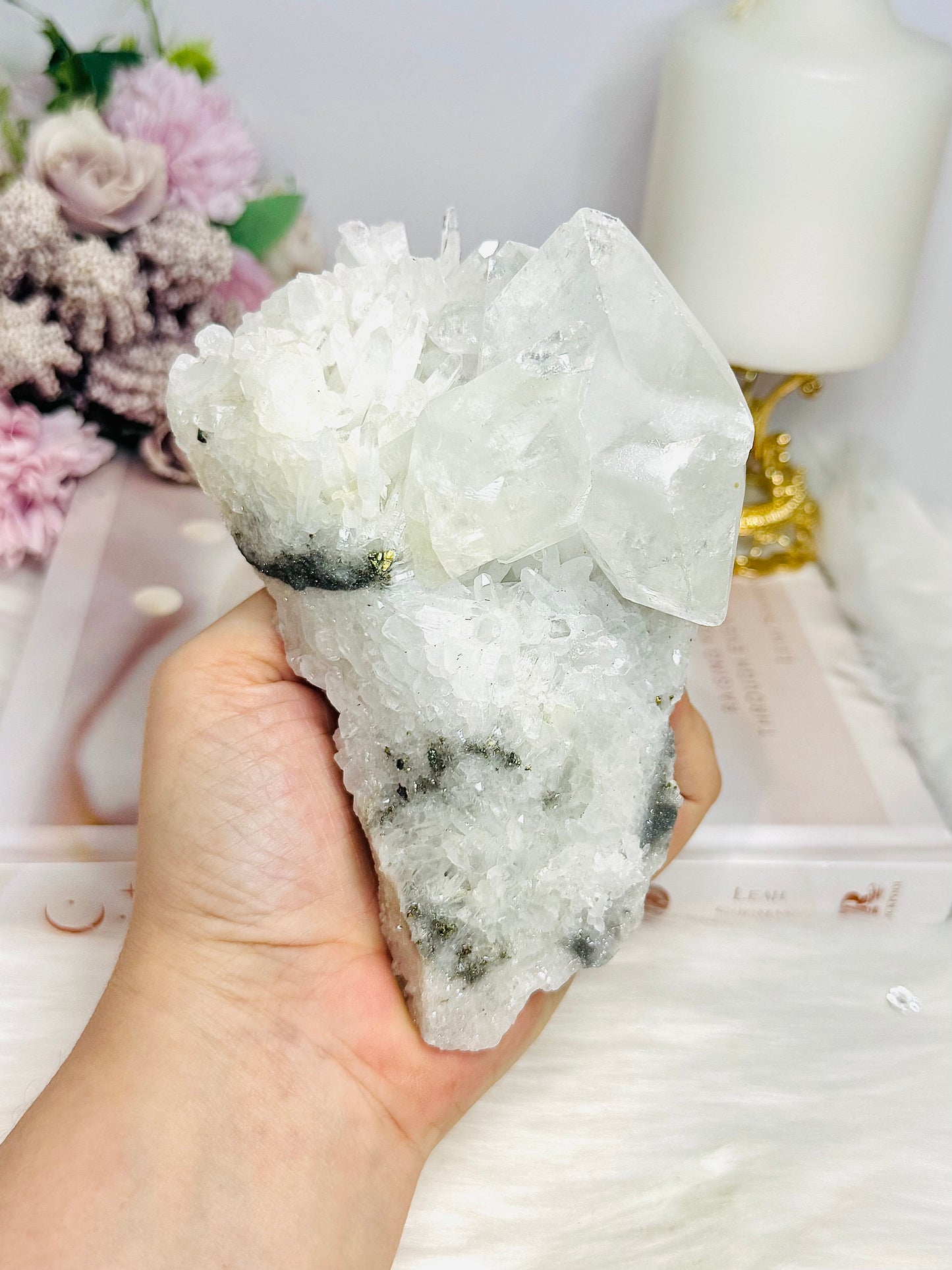 High Grade Clear Quartz Natural Cluster with Pyrite Inclusions 14.5cm 446g