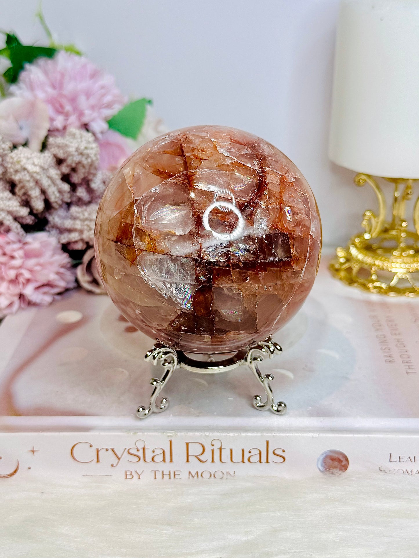 High Grade Large Fire Quartz | Hematoid Quartz Sphere with Rainbows on Stand 725g