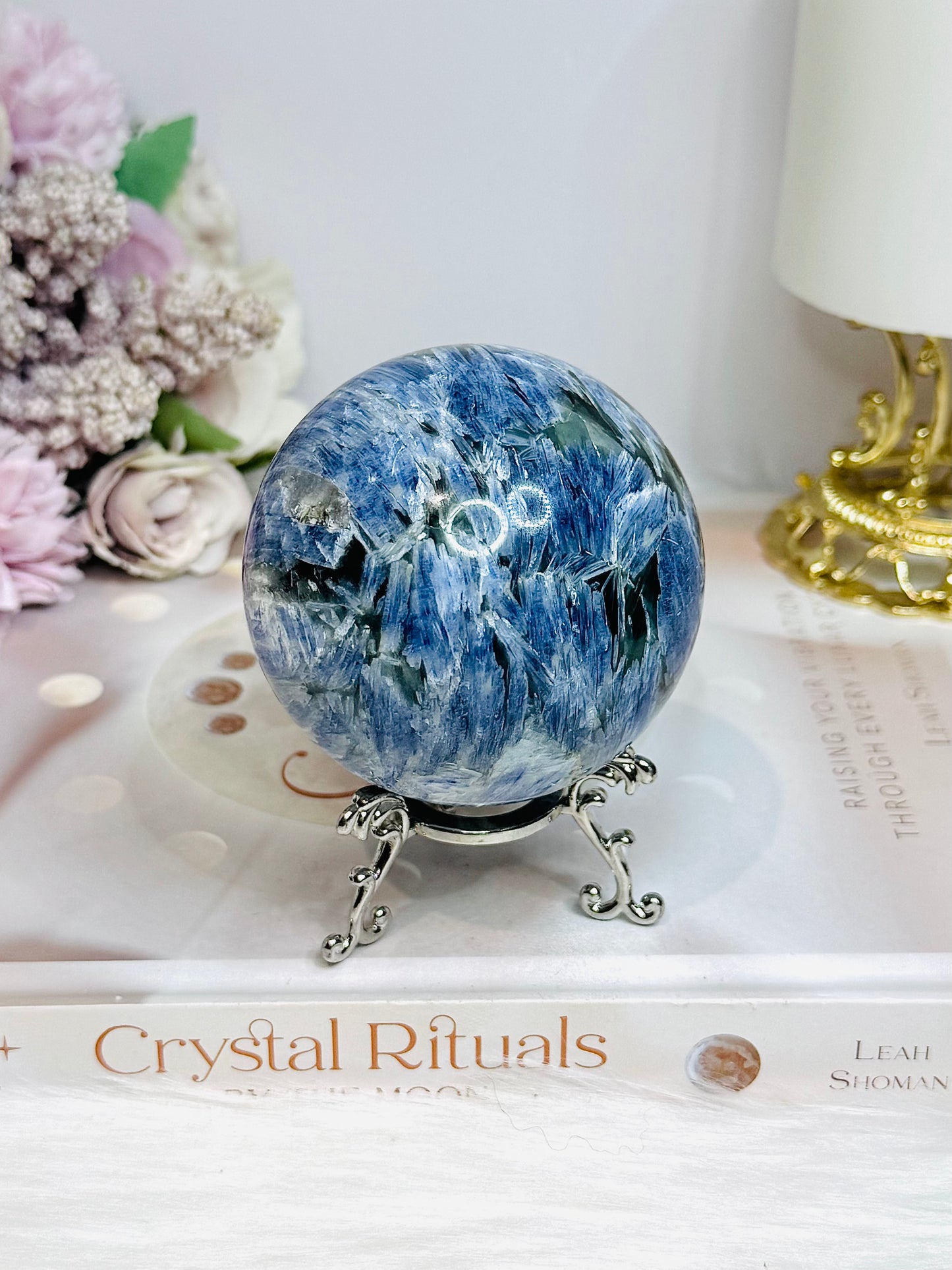 Blue Kyanite Sphere on Stand 560g On Stand