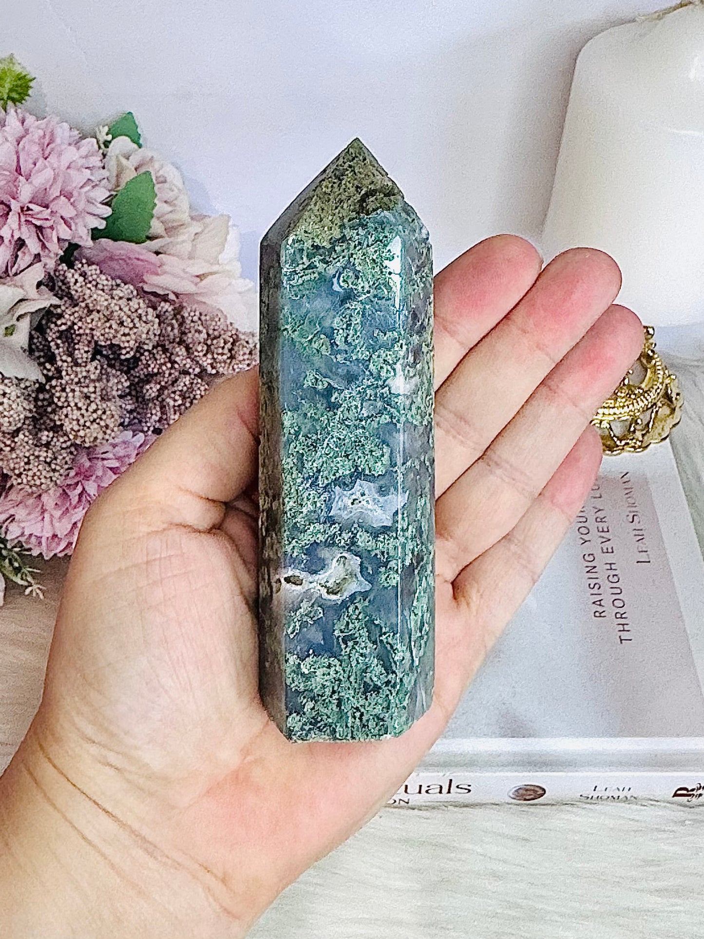 Natural Large 12cm Moss Agate Tower 220g