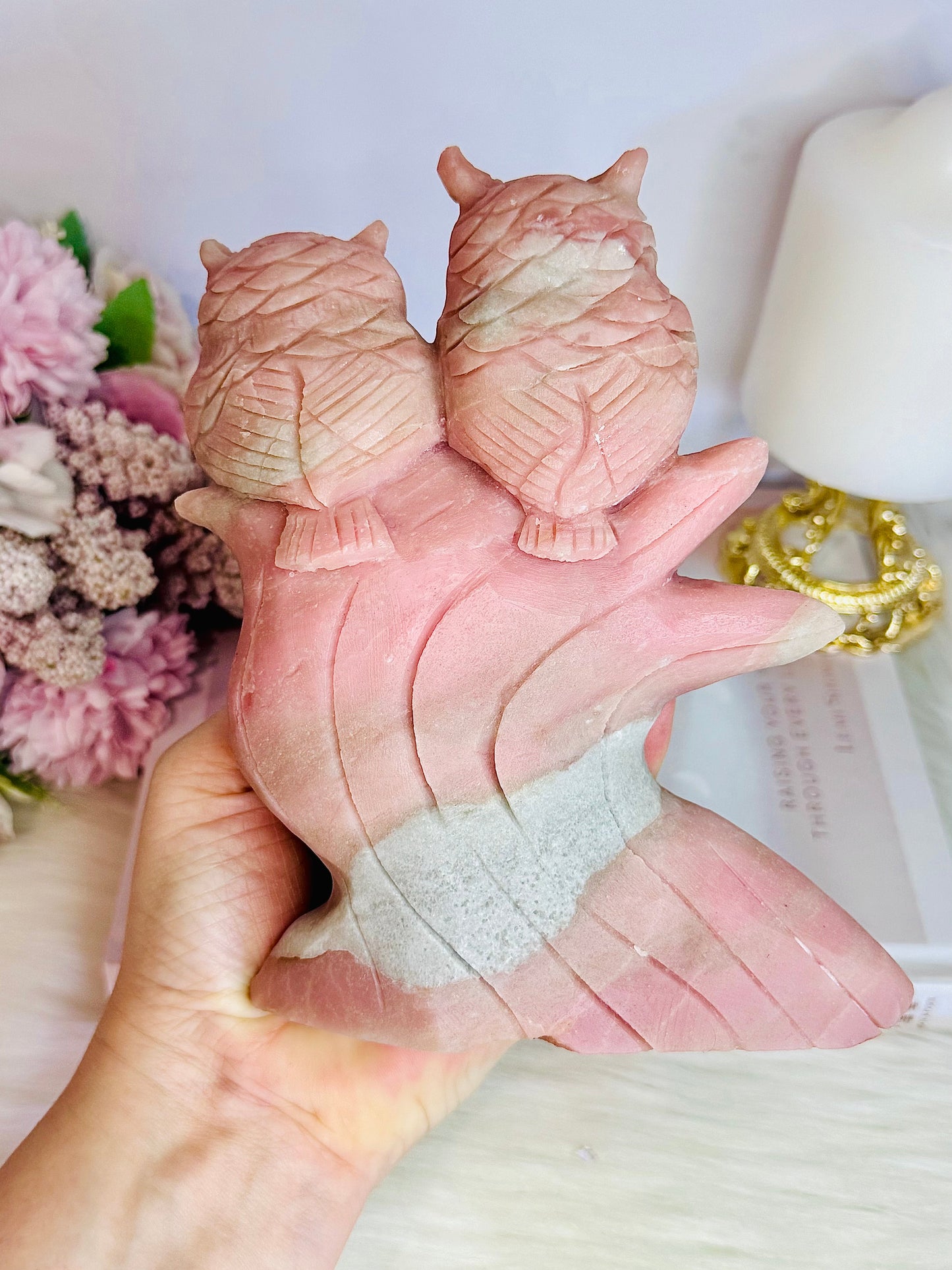 Incredibly Carved Huge Pink Opal Owls 16.5cm 1.15KG