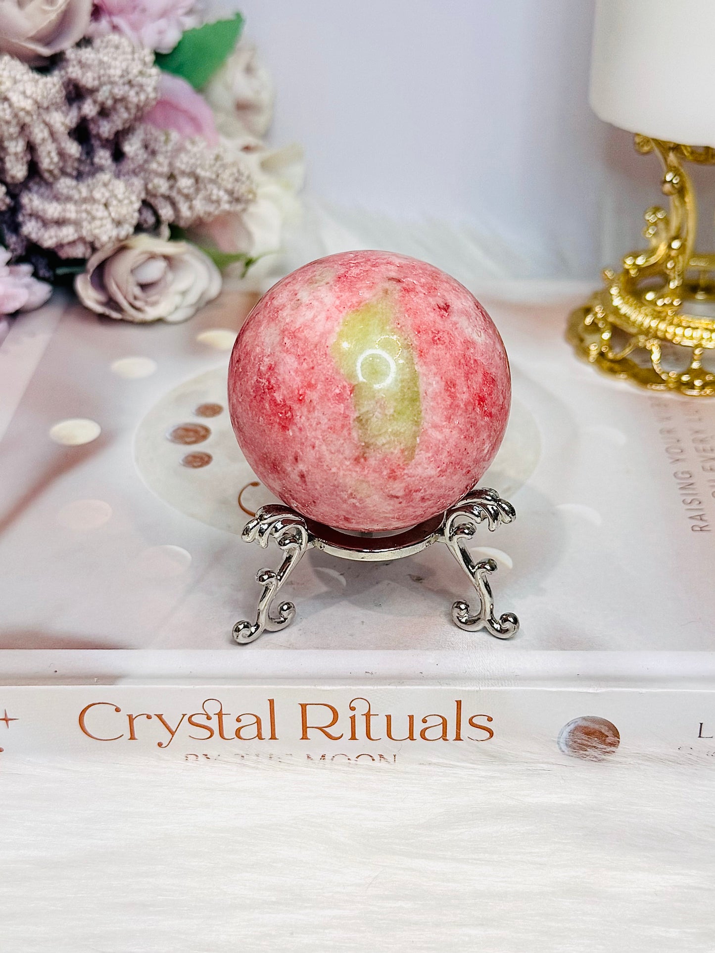 Thulite Sphere with Epidote 205g On Stand