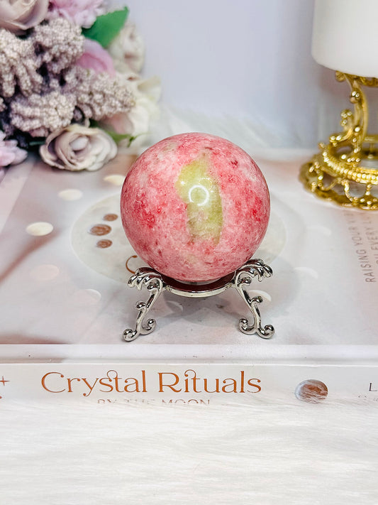 Thulite Sphere with Epidote 205g On Stand