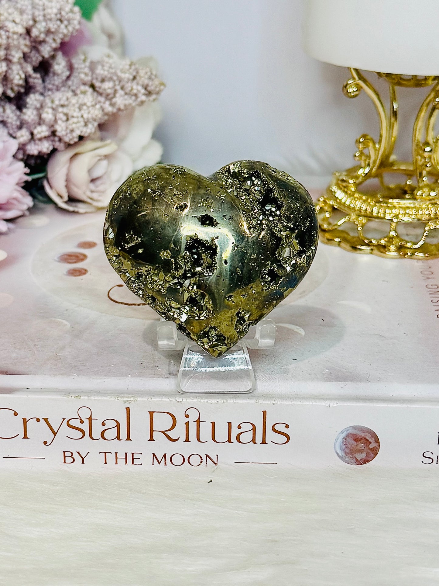 Druzy Pyrite Carved Heart on Stand 123g