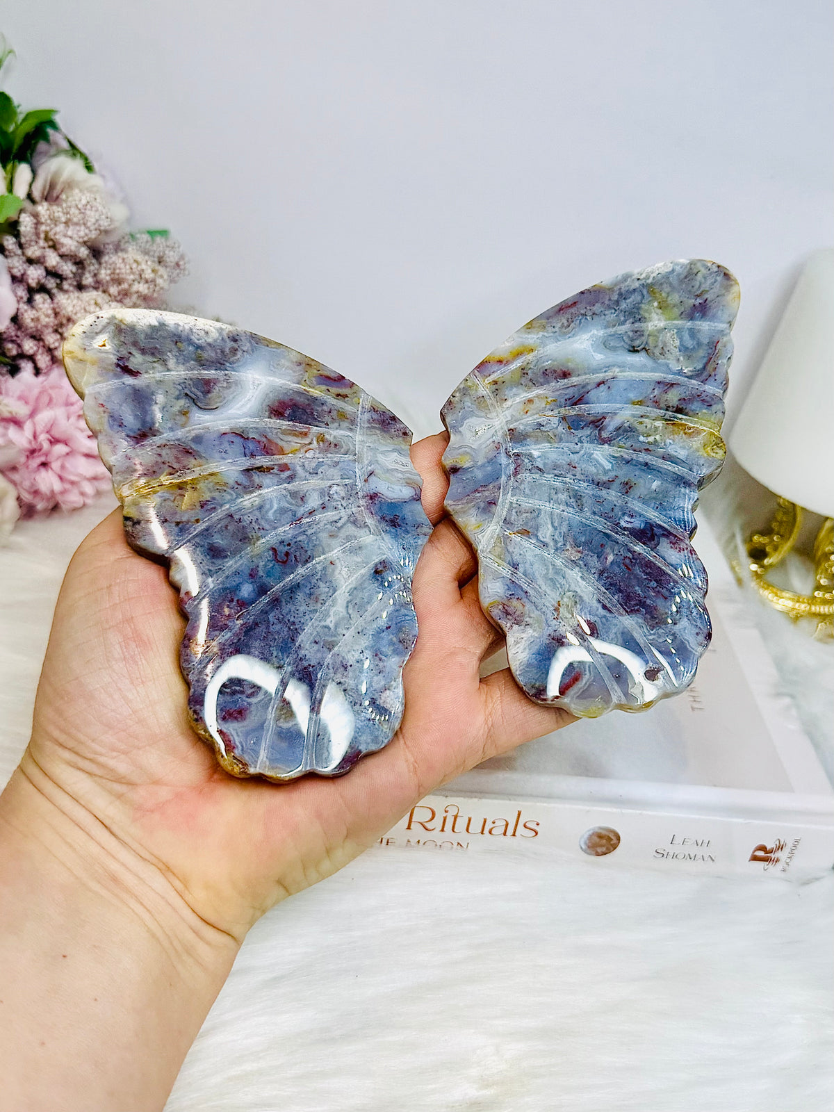Colourful Agate Carved Butterfly Wings 12.5cm On Stand