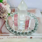 Rose Quartz Set ~ Beautiful 15cm Diamanté Mirror Tray with Chunky Selenite Tower, 4 Rose Quartz Towers & Clear Quartz Chips